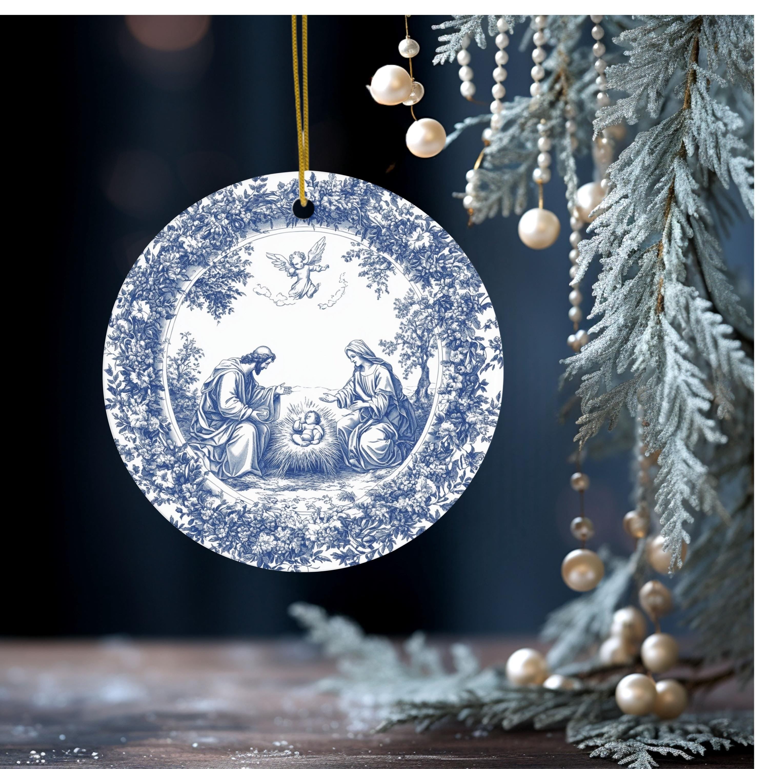Christian Ornament, Nativity Blue Toile de Jouy Christmas Ornament, Ideas For Christmas Trees, Nativity of Jesus Ornament Ceramic Christmas Keepsake DCLAF17